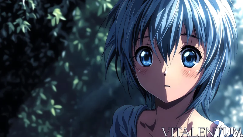Blue haired anime character under dappled forest light.