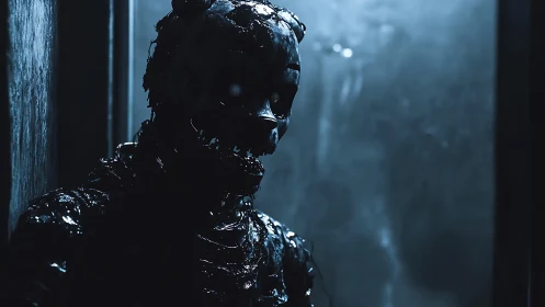 Humanoid animatronic figure sits in dark blue corridor