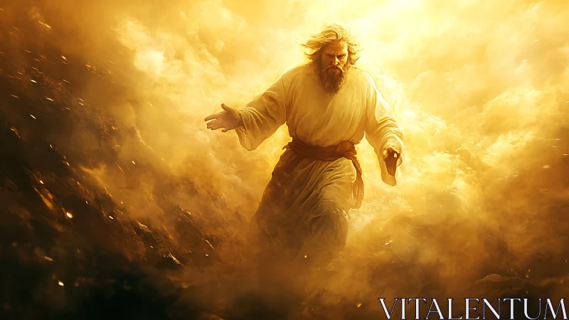 Radiant robed figure strides through swirling golden clouds