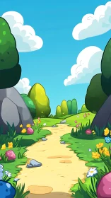 Cartoon path extends through stylized trees and rocks