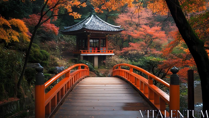 Quiet autumn bridge leading toward a hidden garden temple.
