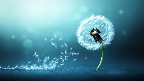 Luminescent dandelion dispersion in cool bokeh fieldscape.