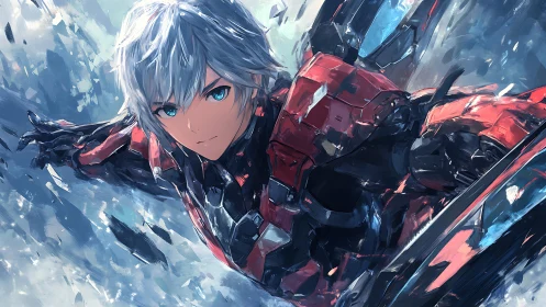 Armored anime pilot dives through shattered ice and light