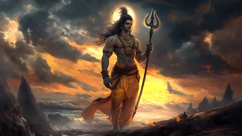 Mythic warrior figure with trident against stormy sunset sky.