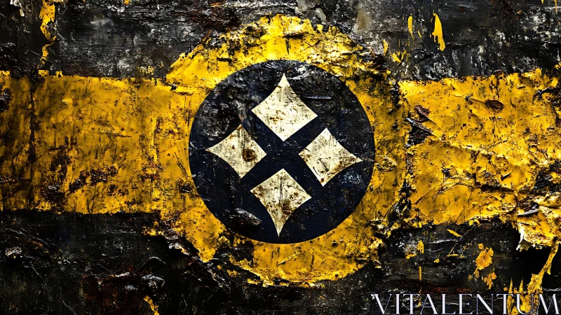 Rough yellow banner with bold circular black symbol.