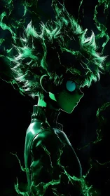 Profile view of stylized figure in green luminous energy field