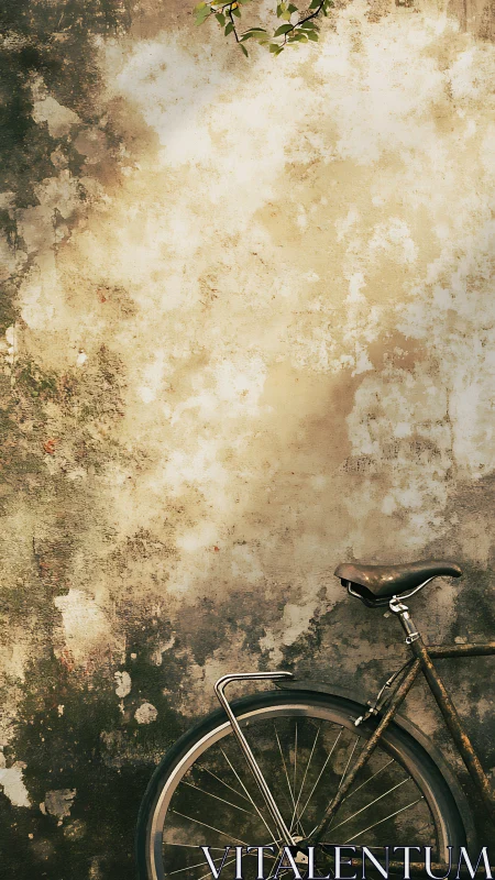 Aged Bicycle Against Weathered Wall Surface Displaying Patina Deterioration