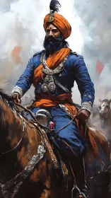 Mounted Sikh warrior rides through swirling battlefield haze
