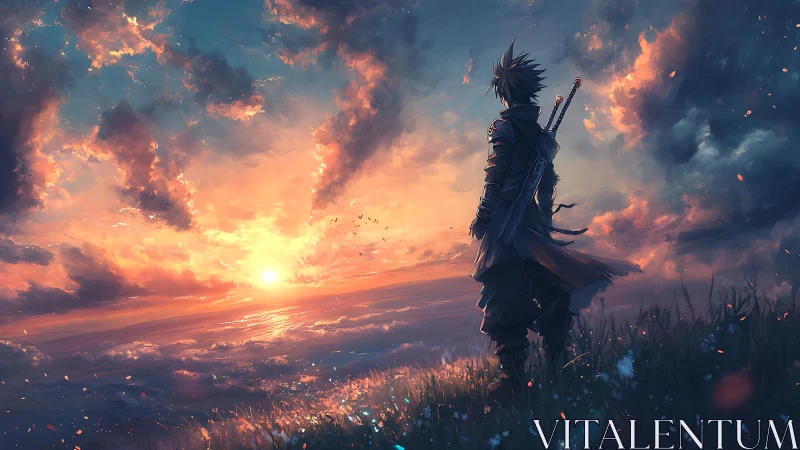 Swordlit wanderer greeting a storm-brushed fantasy sunrise.