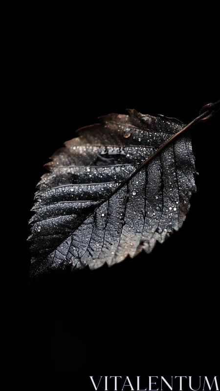 Glistening leaf in the dark holding quiet morning light.