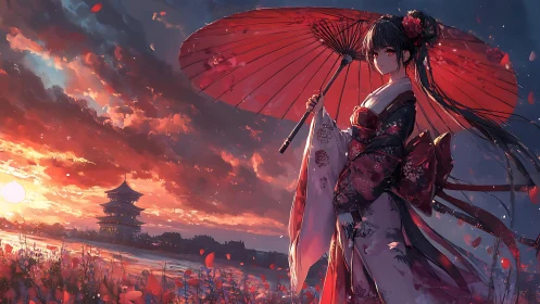 Kimono-clad woman gazes over a fiery sunset river scene.