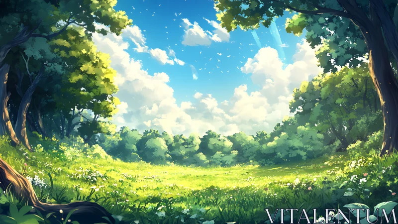 Luminescent Forest Clearing with Atmospheric Perspective and Volumetric Sky