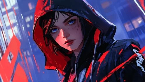 Hooded cyberpunk heroine stares through neon-soaked night.