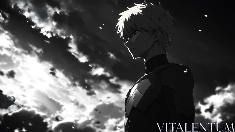 Armored anime hero stands against storm lit sky