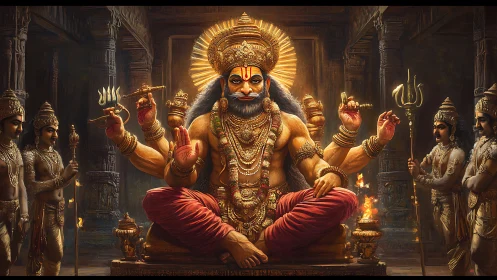 Divine warrior deity enthroned in blazing temple hall.