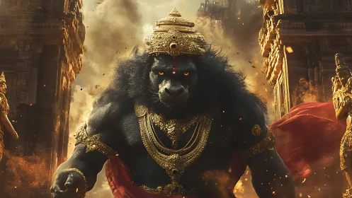 Mythic black lion demigod strides through burning temple