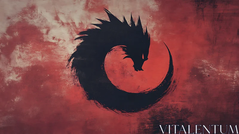 Dragon silhouette curls into circular emblem on red field