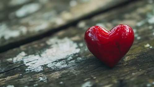 Red Heart on Weathered Wood Surface.