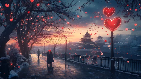 Neon heart floating above wet platform in Asian cityscape at dusk