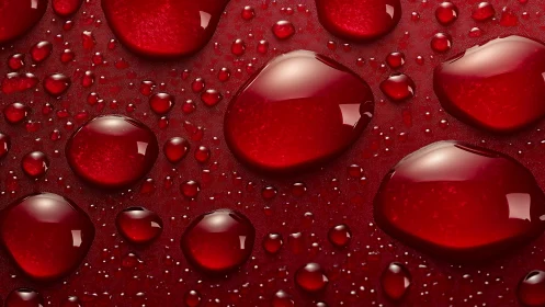 Close-up macro of glossy red liquid droplets on surface.