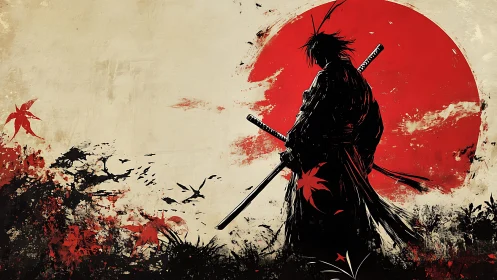 Silhouetted ronin before red rising sun, ink-splatter composition