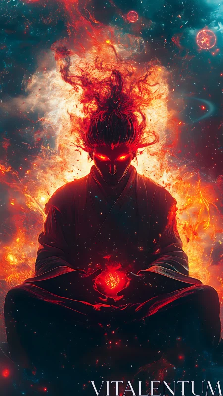 Fiery cosmic guardian sits in meditation, holding living flame