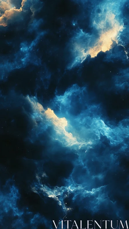 Dreamy blue nebula clouds glowing in a quiet night sky.