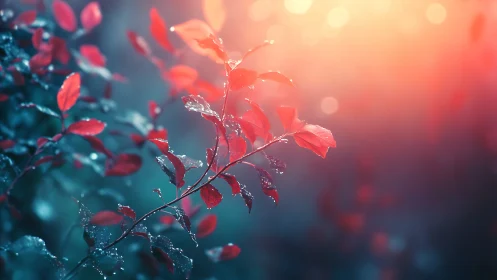 Red leaves catch soft sunrise glow in dewy forest bokeh