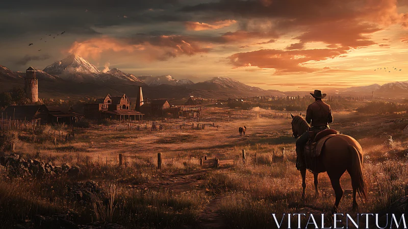 Cinematic western vista digital painting with sunset atmosphere.