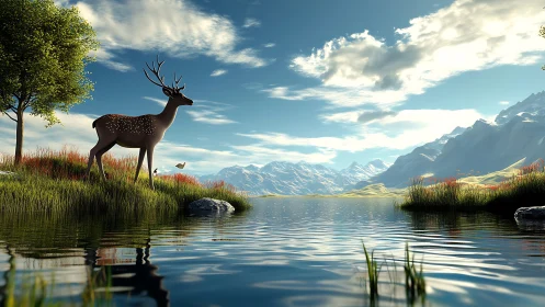 3D alpine lakeside vista with stag and reflective water surface.
