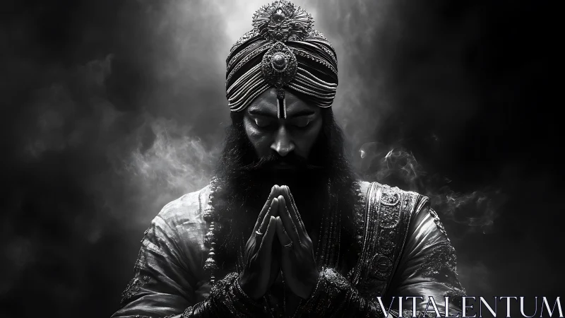 Serene turbaned figure in quiet prayerful reflection.