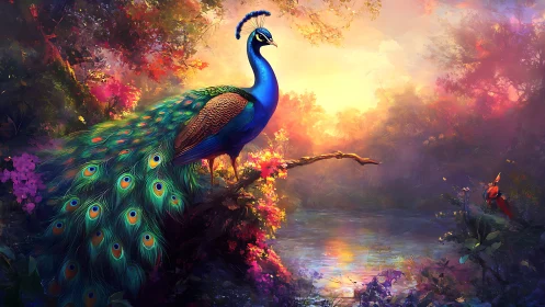 Vibrant peacock on branch over glowing forest river.
