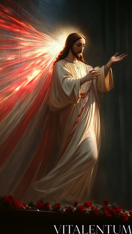 Sacred figure in radiant robes with flowing red light beams.