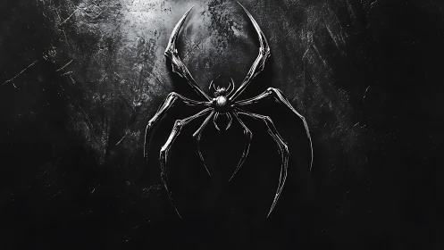 Bold silver spider emblem glows against inky dark textures.
