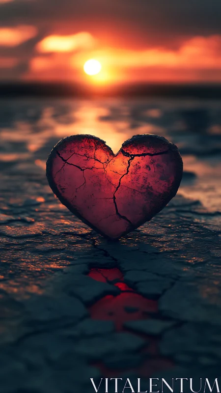 Cracked heart stone glows against sunset ocean horizon