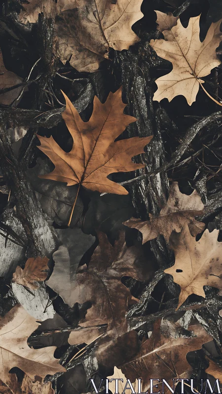 Dry oak leaves cover dark forest floor in muted autumn tones