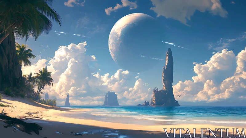 Alien Beach Paradise With Twin Moons and Rock Formations.