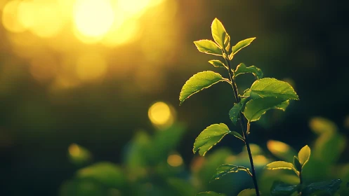 Sunlit Plant Leaves with Dew in Soft Focus Nature Photography.