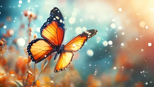 Monarch butterfly glows in dreamy bokeh garden light
