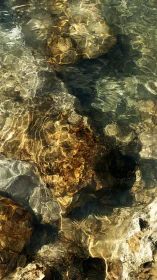 Sunlit rocks remain visible beneath shallow rippling water