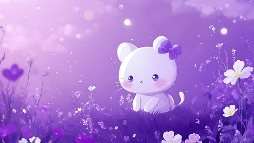 Moonlit bow-kitten adrift in glowing lavender meadows.