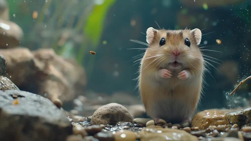 Small rodent standing on wet river stones in shallow water.