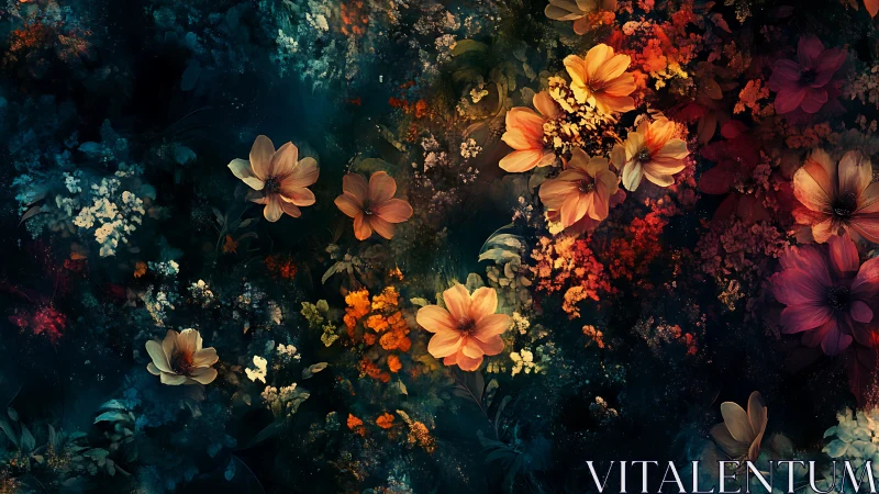 Dark floral arrangement with orange and red blooms against teal backdrop