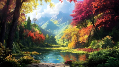 Luminous autumn forest encircles serene mountain lake scene.