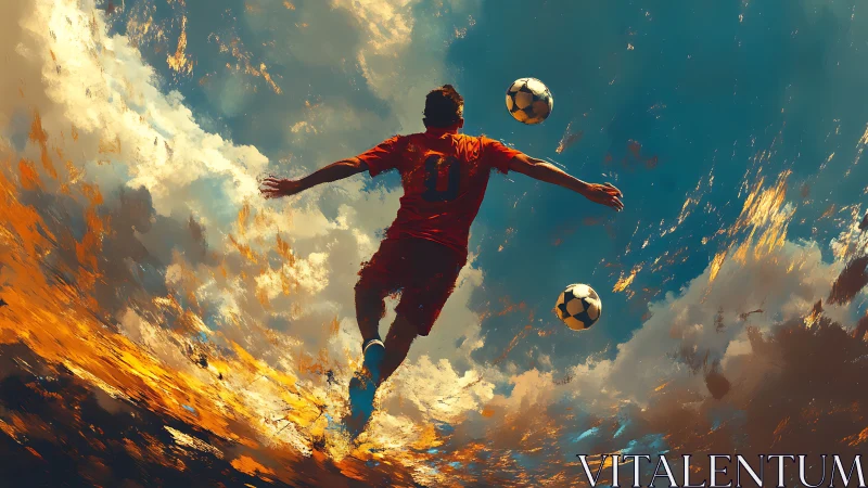 Soccer player suspended amid swirling sky and footballs.