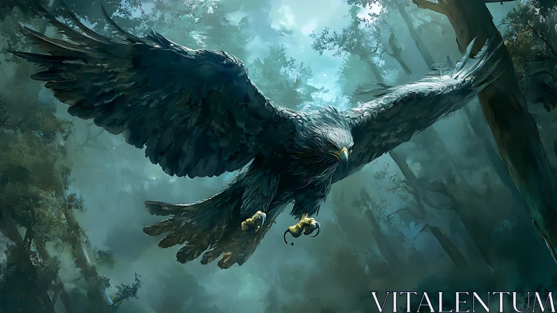Majestic Eagle in Flight Over Misty Forest, Digital Art Style.