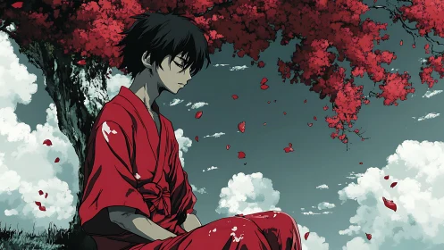 Red-robed dreamer beneath crimson blossoms and drifting sky.