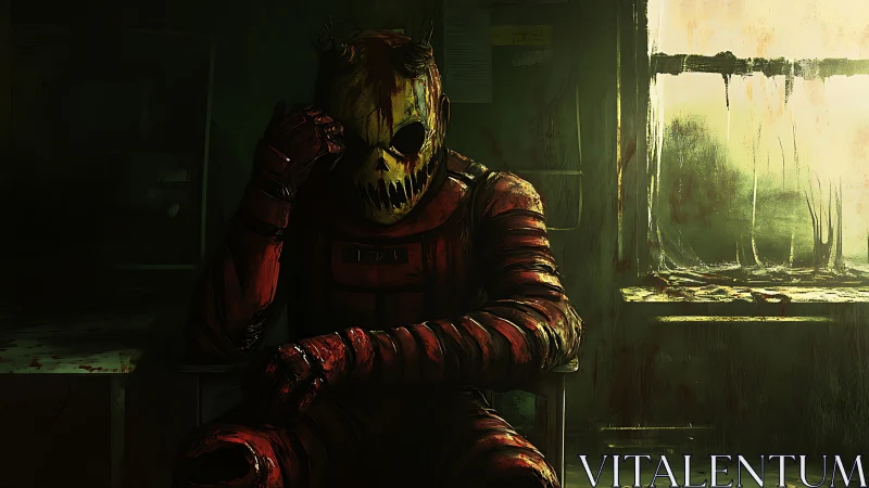 Masked figure sits in decayed interior beside bright window