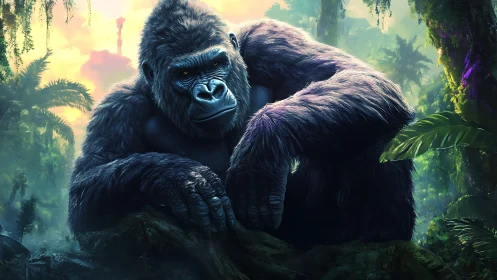 Massive silverback gorilla resting in lush neon jungle.