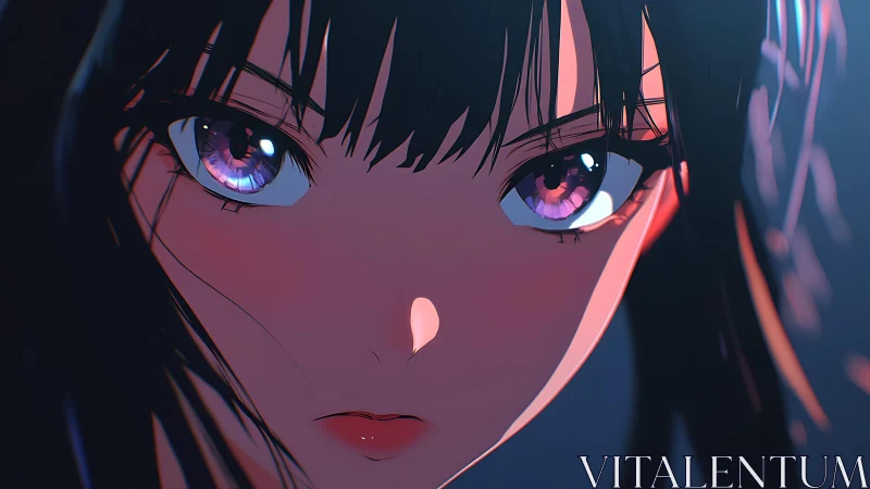 Intense anime closeup with luminous violet eyes and glow.